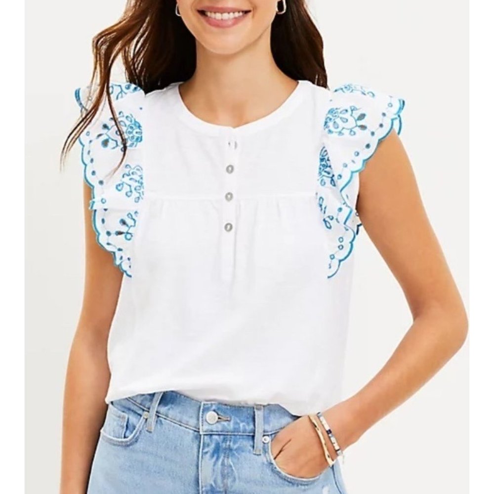 LOFT Women Petite Eyelet Flutter Henley Mixed Media Top L